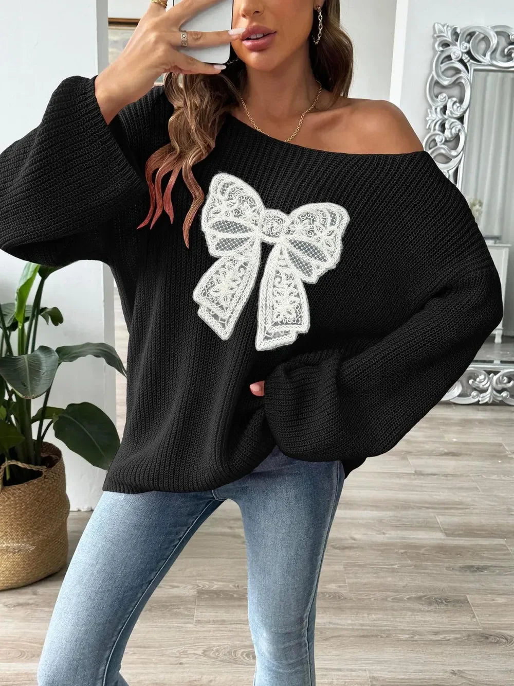Bow Boat Neck Long Sleeve Sweater - SugarPepper