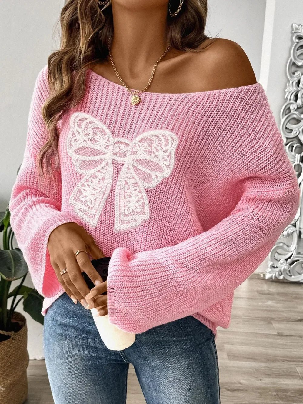 Bow Boat Neck Long Sleeve Sweater - SugarPepper