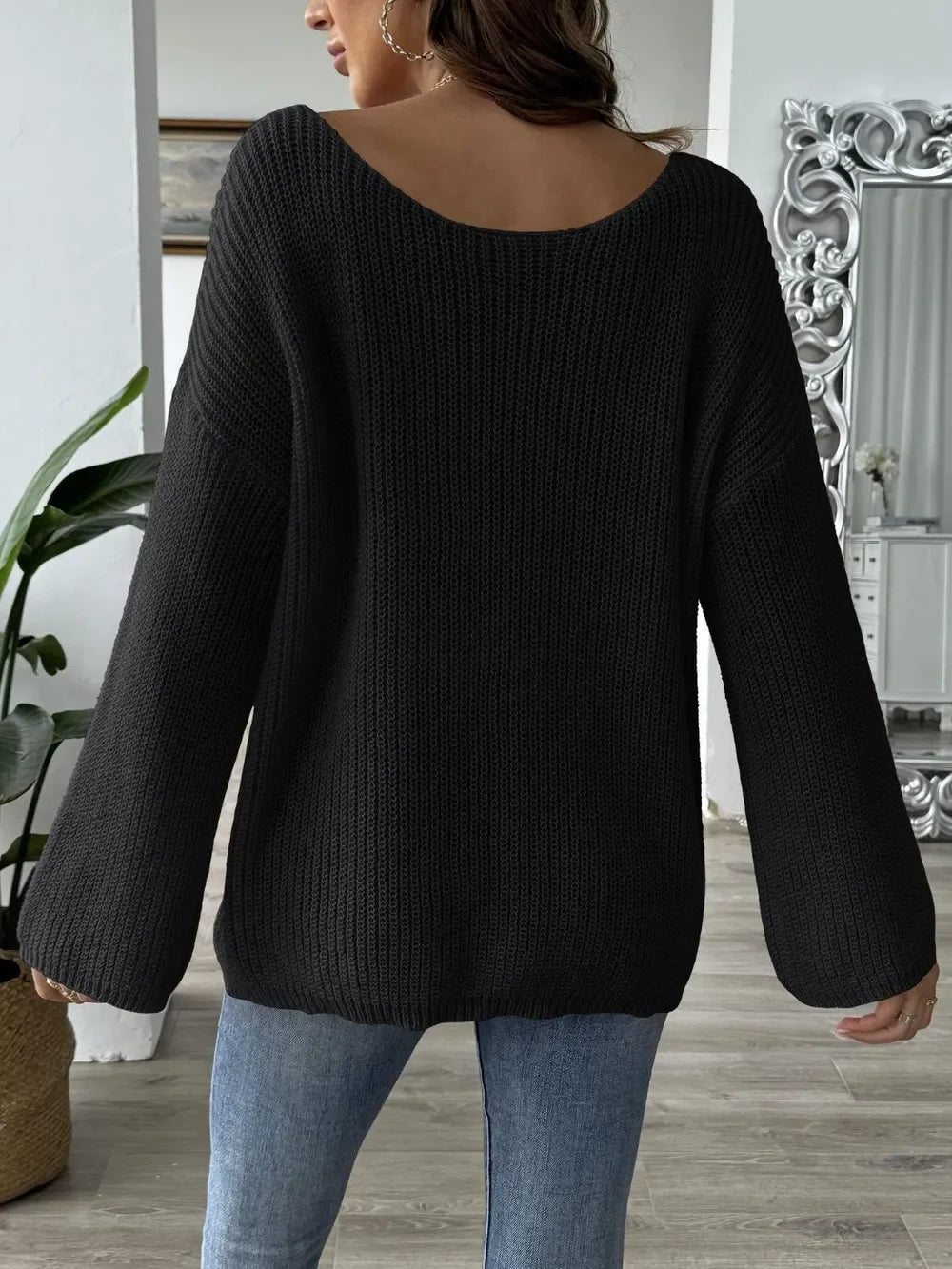 Bow Boat Neck Long Sleeve Sweater - SugarPepper