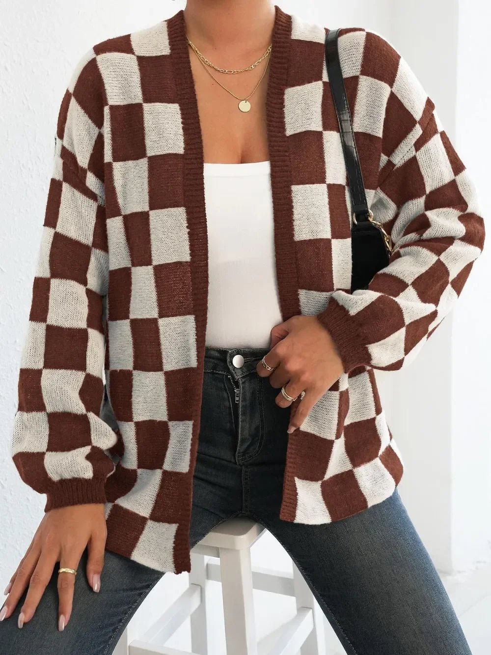 Checkered Open Front Long Sleeve Cardigan - SugarPepper