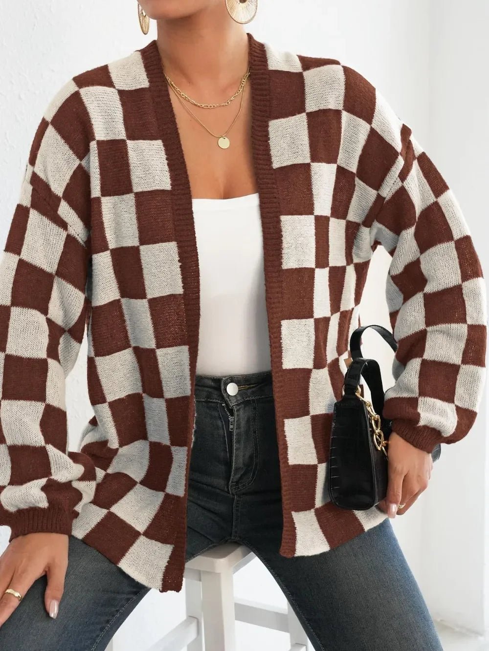 Checkered Open Front Long Sleeve Cardigan - SugarPepper