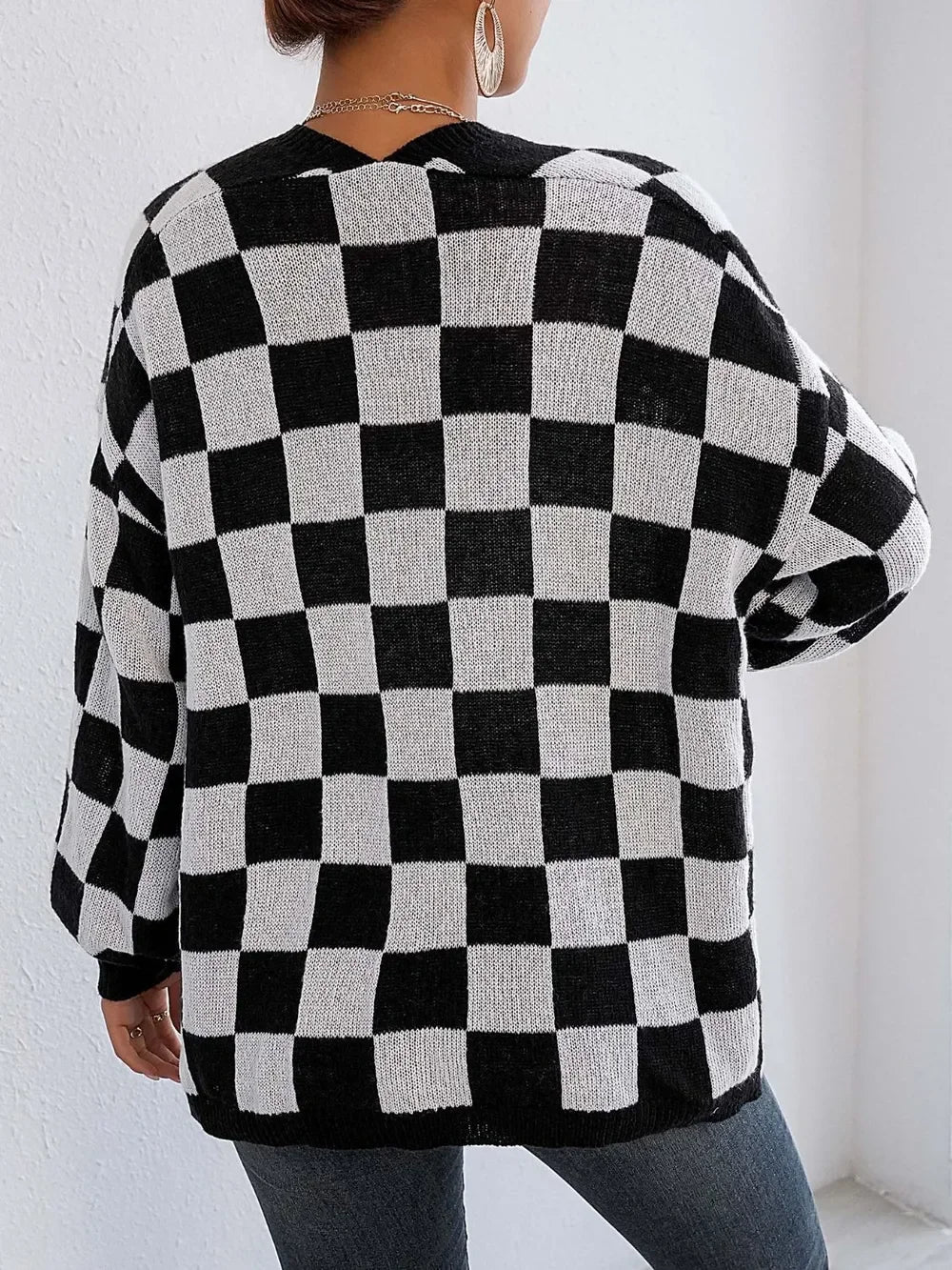 Checkered Open Front Long Sleeve Cardigan - SugarPepper