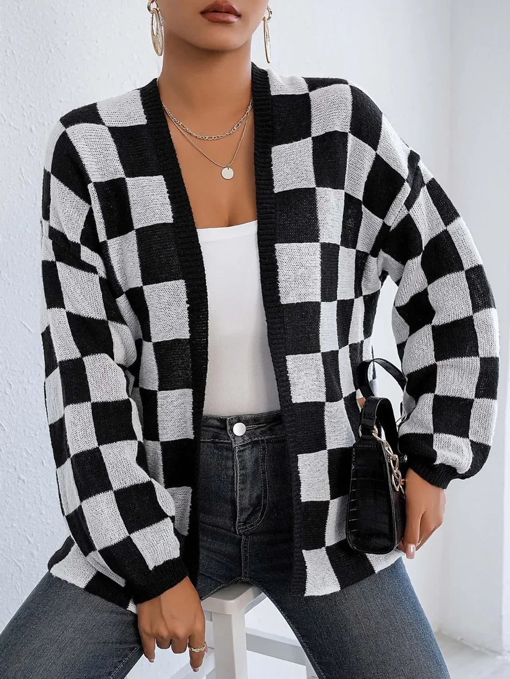 Checkered Open Front Long Sleeve Cardigan - SugarPepper