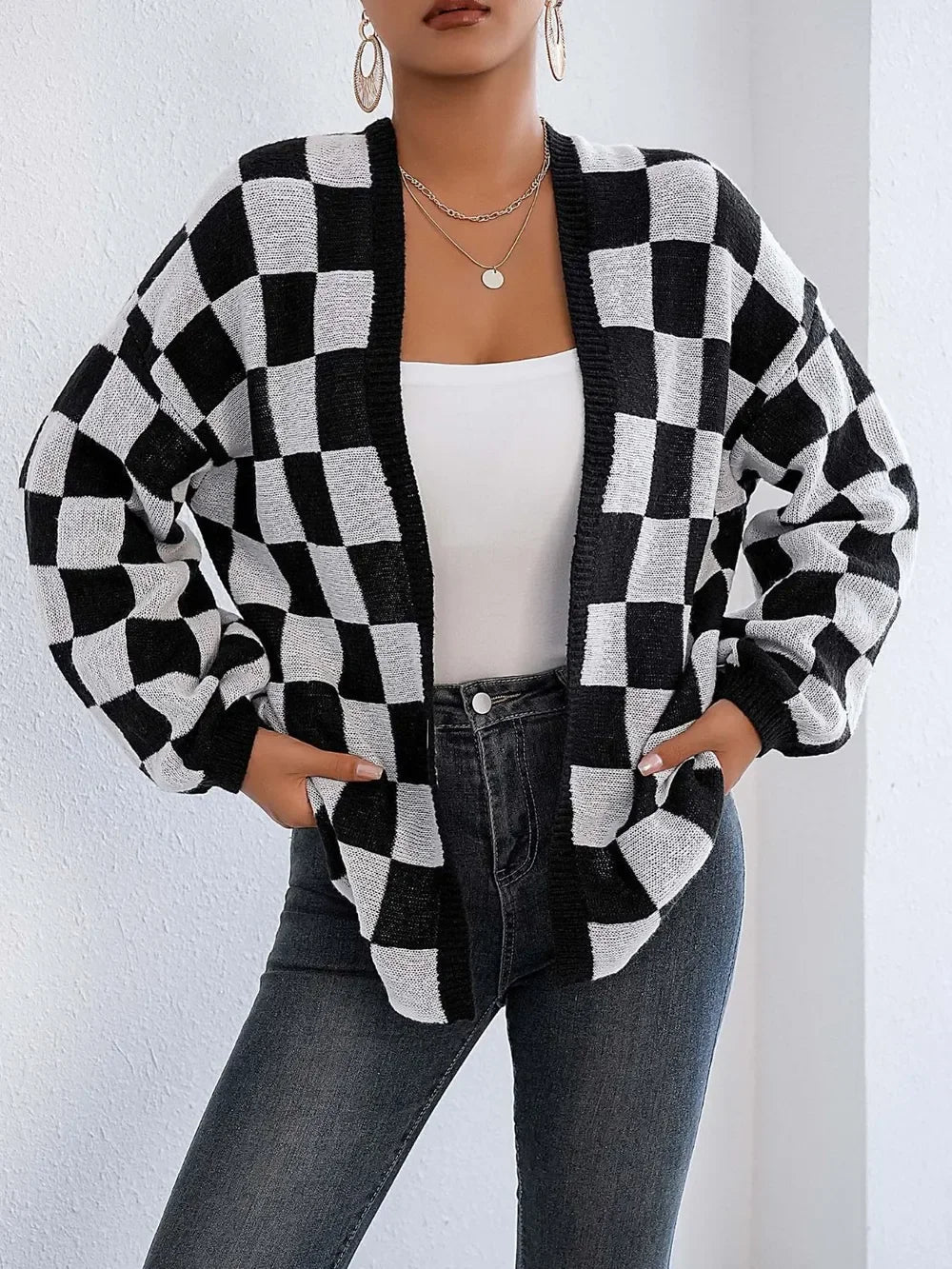 Checkered Open Front Long Sleeve Cardigan - SugarPepper