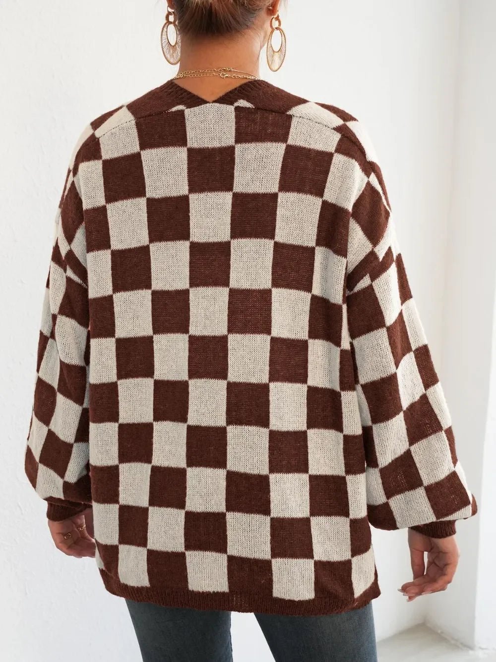 Checkered Open Front Long Sleeve Cardigan - SugarPepper