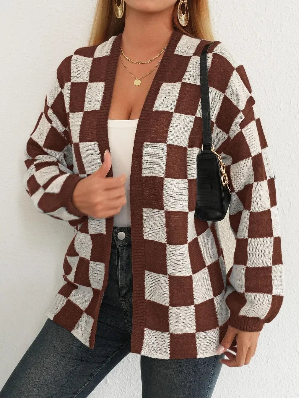 Checkered Open Front Long Sleeve Cardigan - SugarPepper