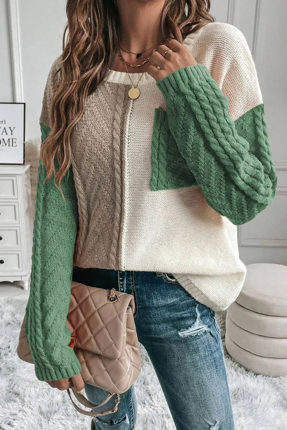 Double Take Full Size Color Block Drop Shoulder Sweater - SugarPepper