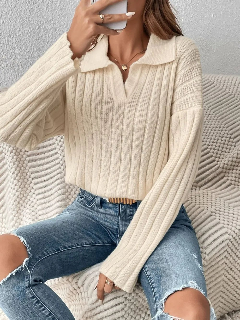 Johnny Collar Long Sleeve Sweater - SugarPepper
