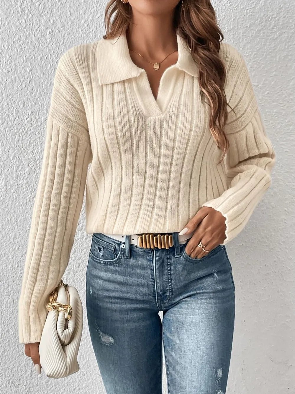 Johnny Collar Long Sleeve Sweater - SugarPepper