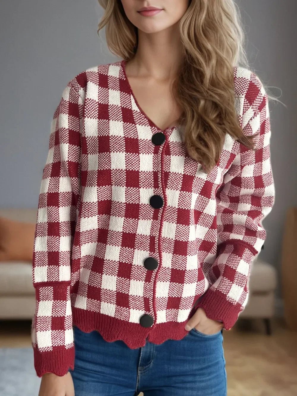 Plaid V - Neck Button Up Cardigan - SugarPepper
