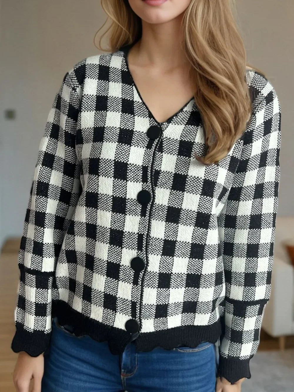 Plaid V - Neck Button Up Cardigan - SugarPepper