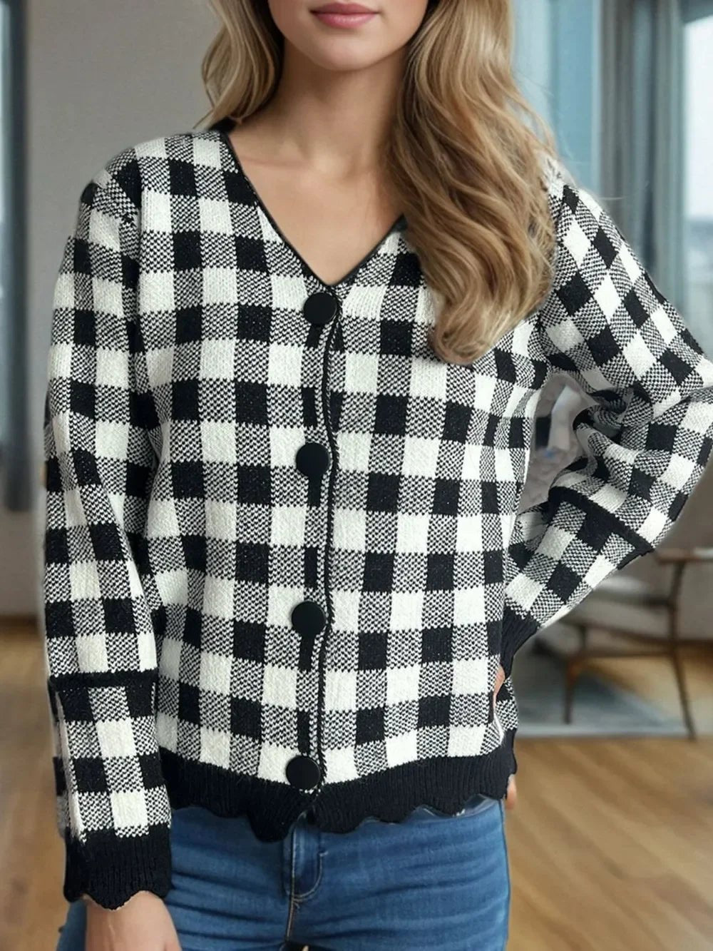 Plaid V - Neck Button Up Cardigan - SugarPepper