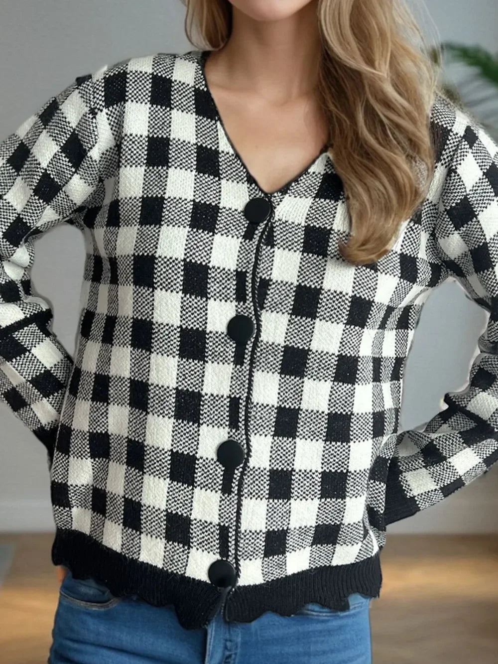 Plaid V - Neck Button Up Cardigan - SugarPepper