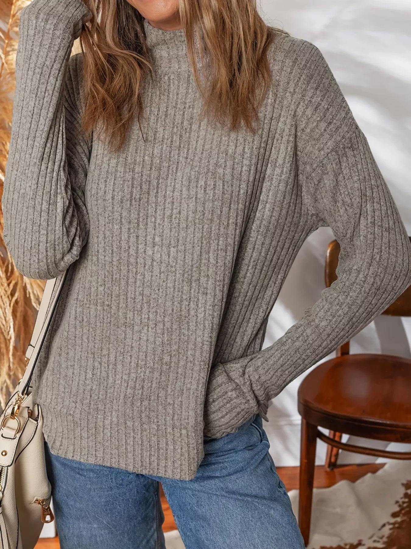 Ribbed High Neck Knitted Top - SugarPepper
