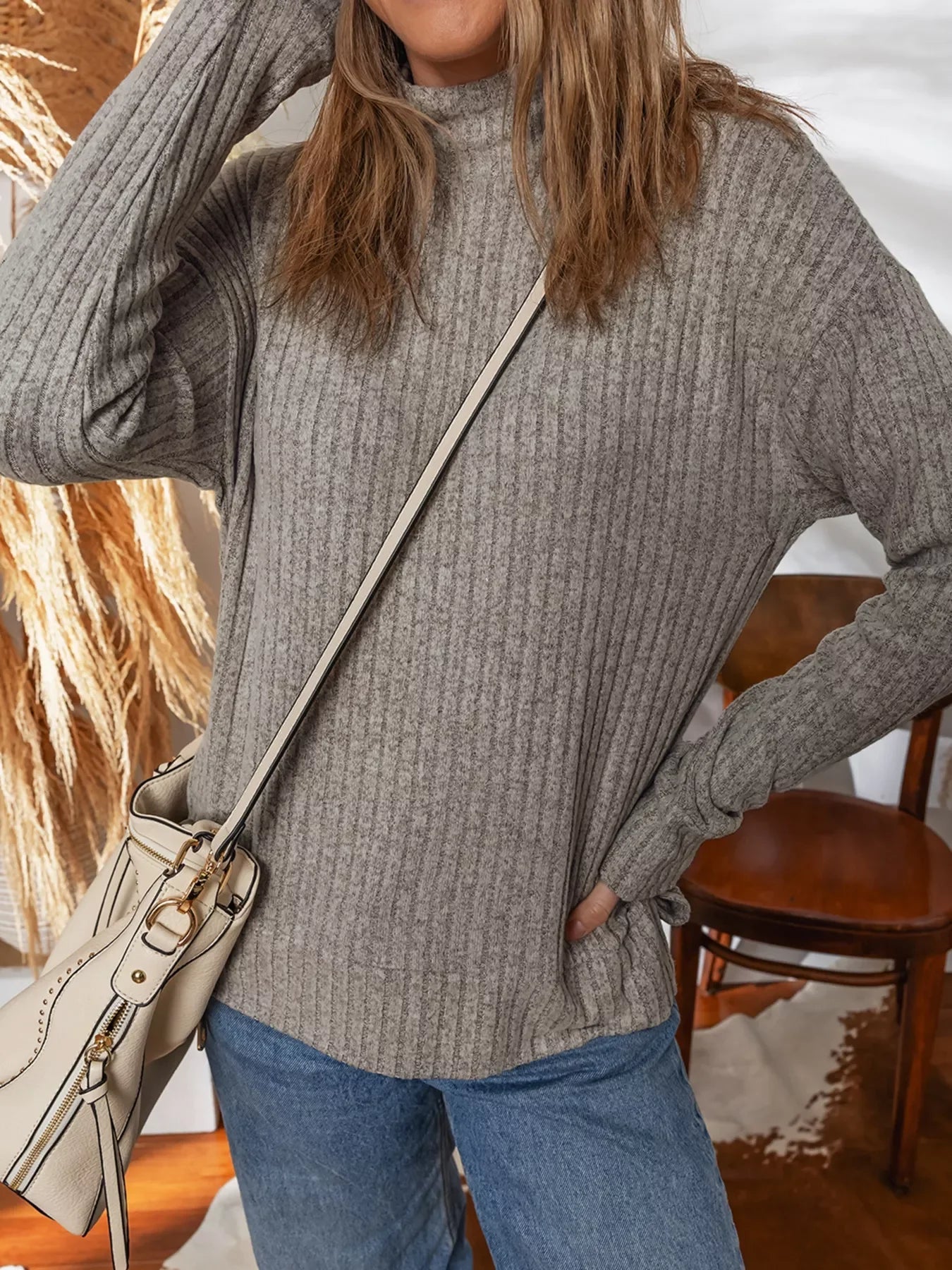 Ribbed High Neck Knitted Top - SugarPepper