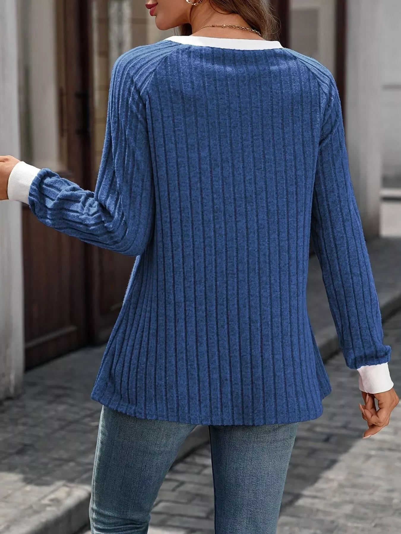 Ribbed Round Neck Raglan Sleeve Knit Top - SugarPepper