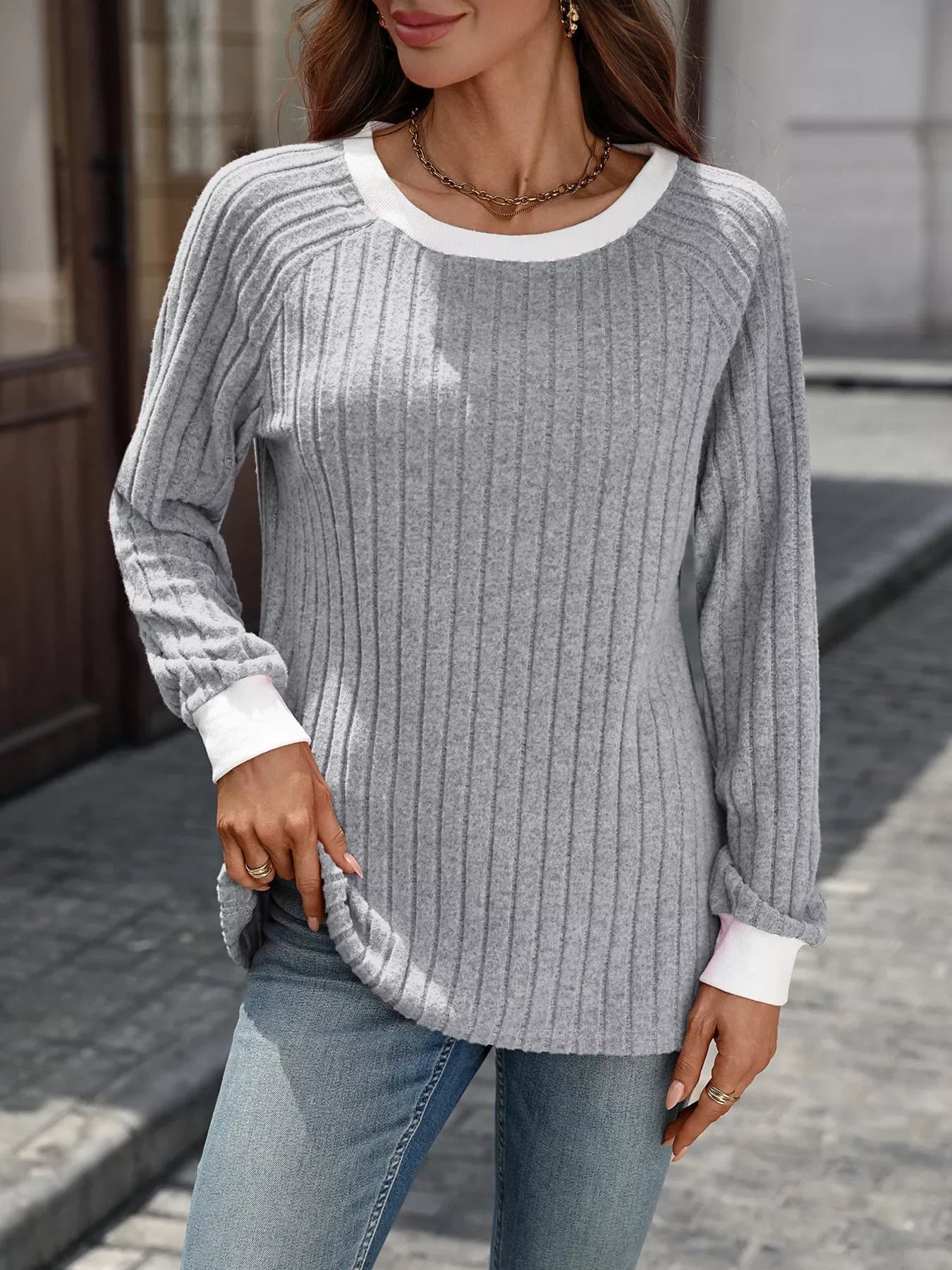 Ribbed Round Neck Raglan Sleeve Knit Top - SugarPepper