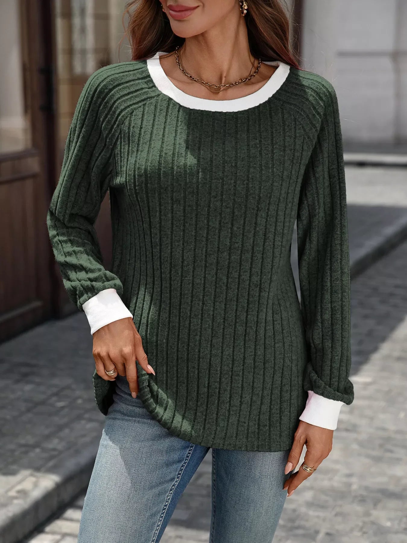 Ribbed Round Neck Raglan Sleeve Knit Top - SugarPepper