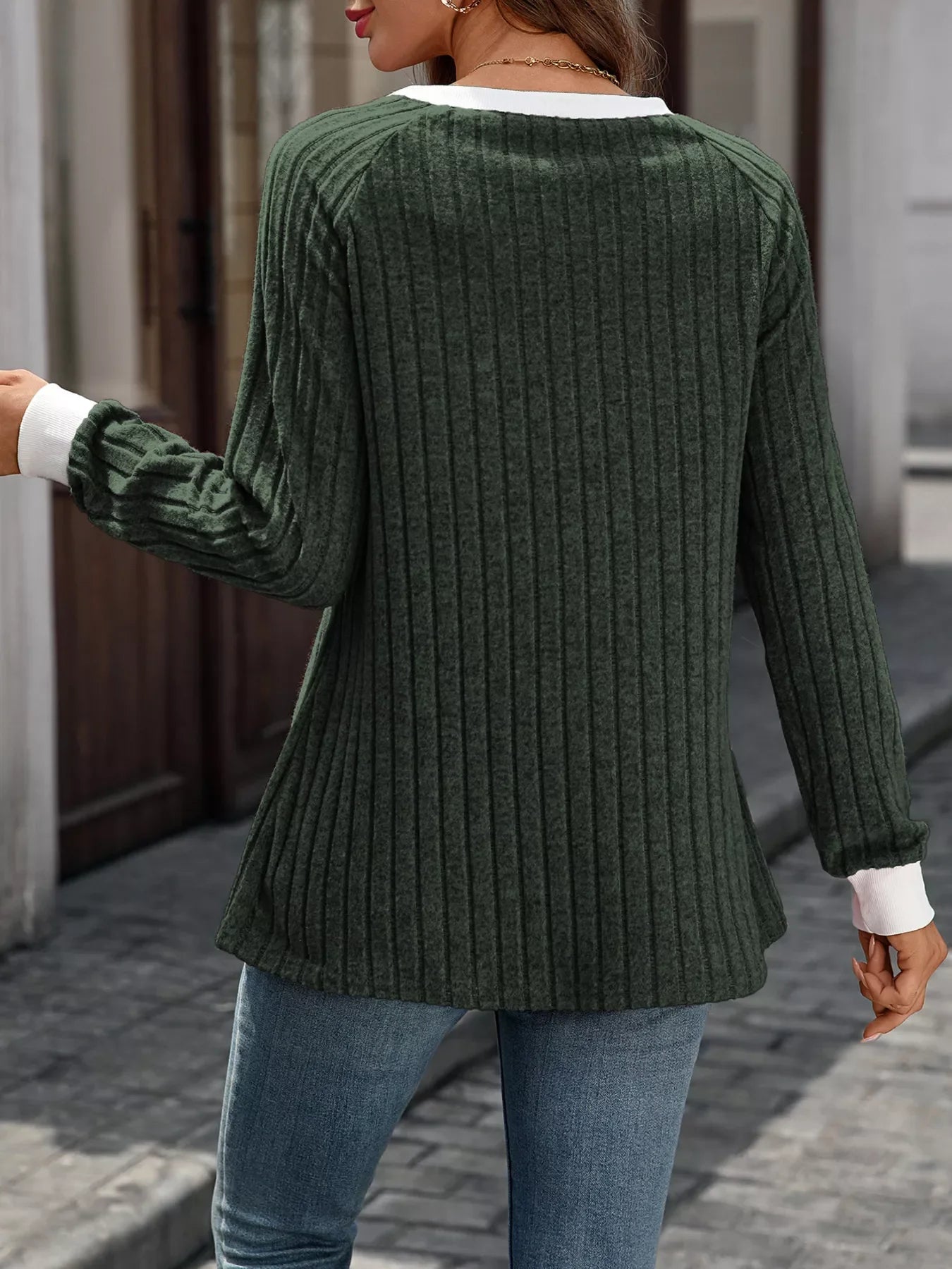 Ribbed Round Neck Raglan Sleeve Knit Top - SugarPepper