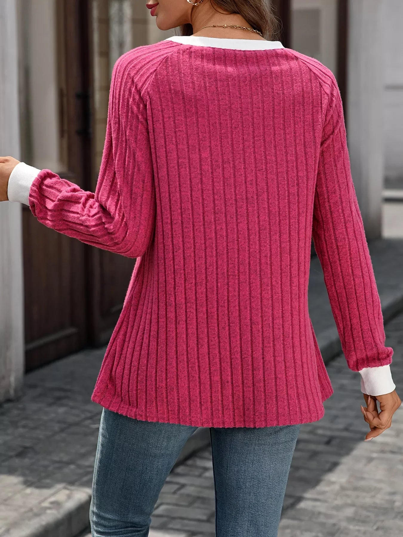Ribbed Round Neck Raglan Sleeve Knit Top - SugarPepper