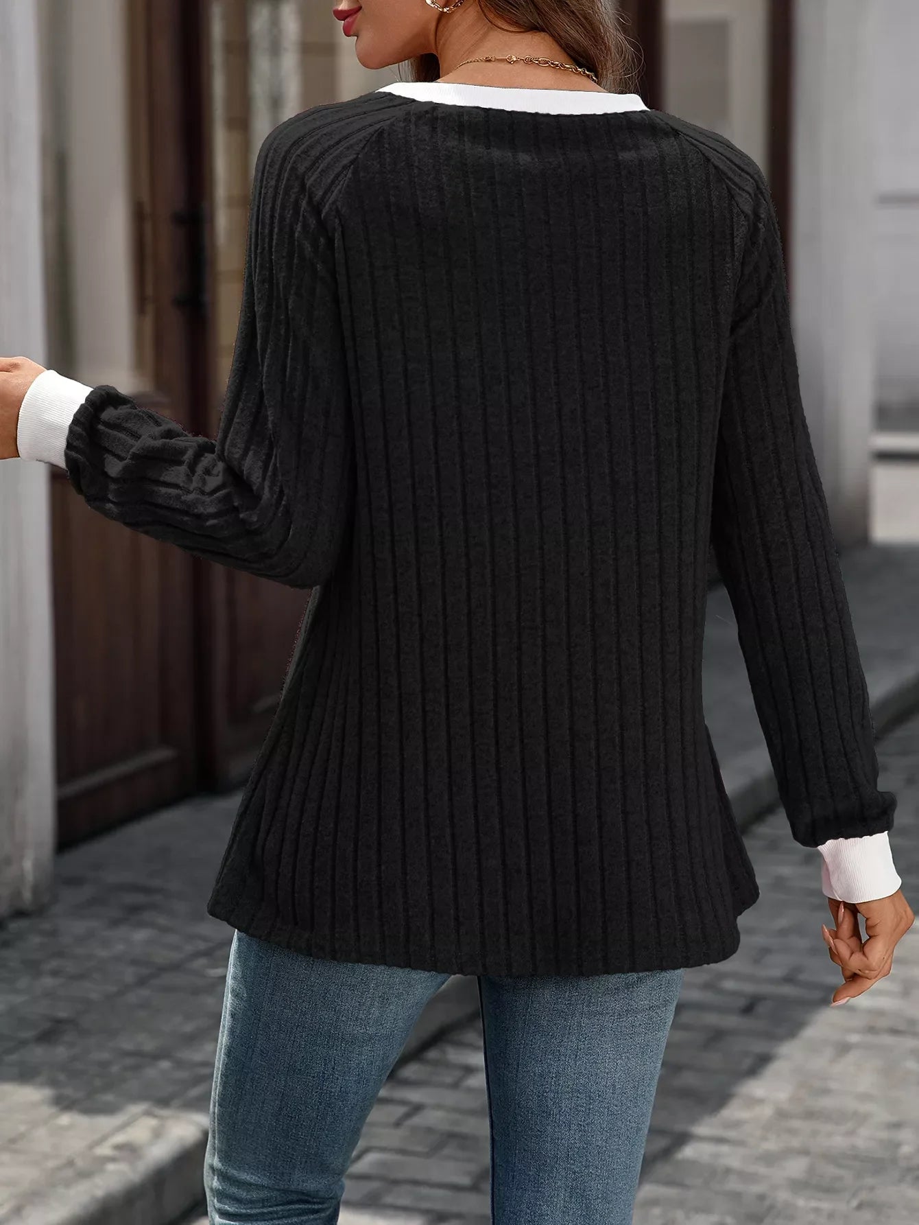 Ribbed Round Neck Raglan Sleeve Knit Top - SugarPepper