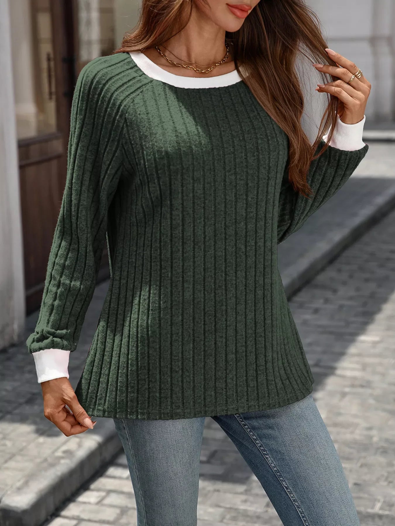 Ribbed Round Neck Raglan Sleeve Knit Top - SugarPepper