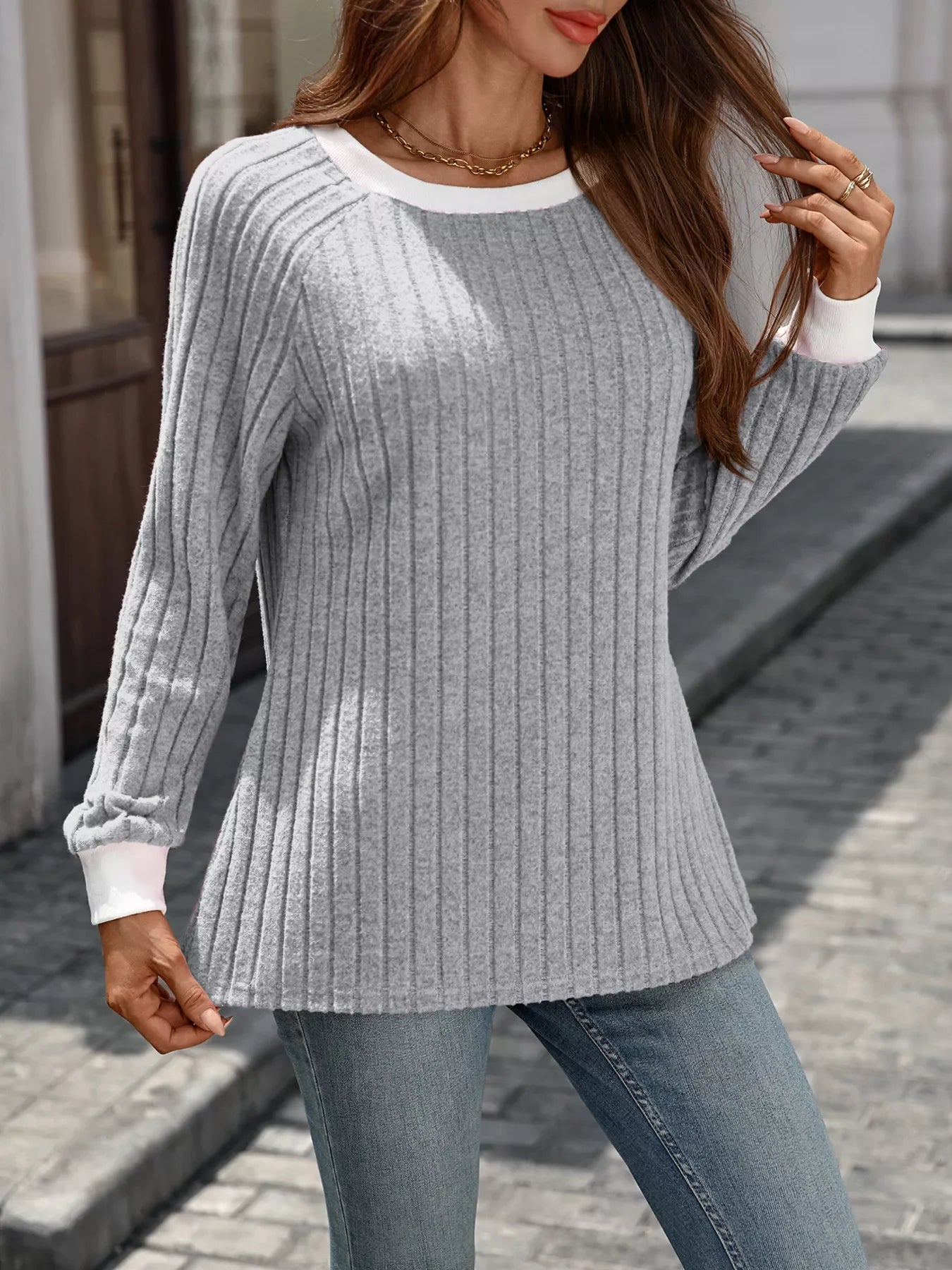 Ribbed Round Neck Raglan Sleeve Knit Top - SugarPepper