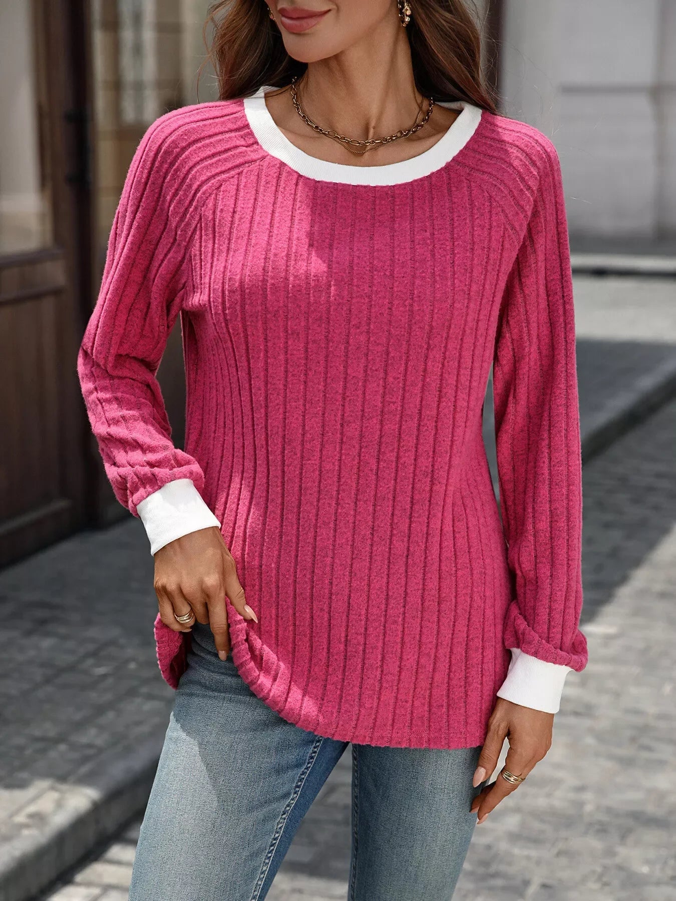 Ribbed Round Neck Raglan Sleeve Knit Top - SugarPepper