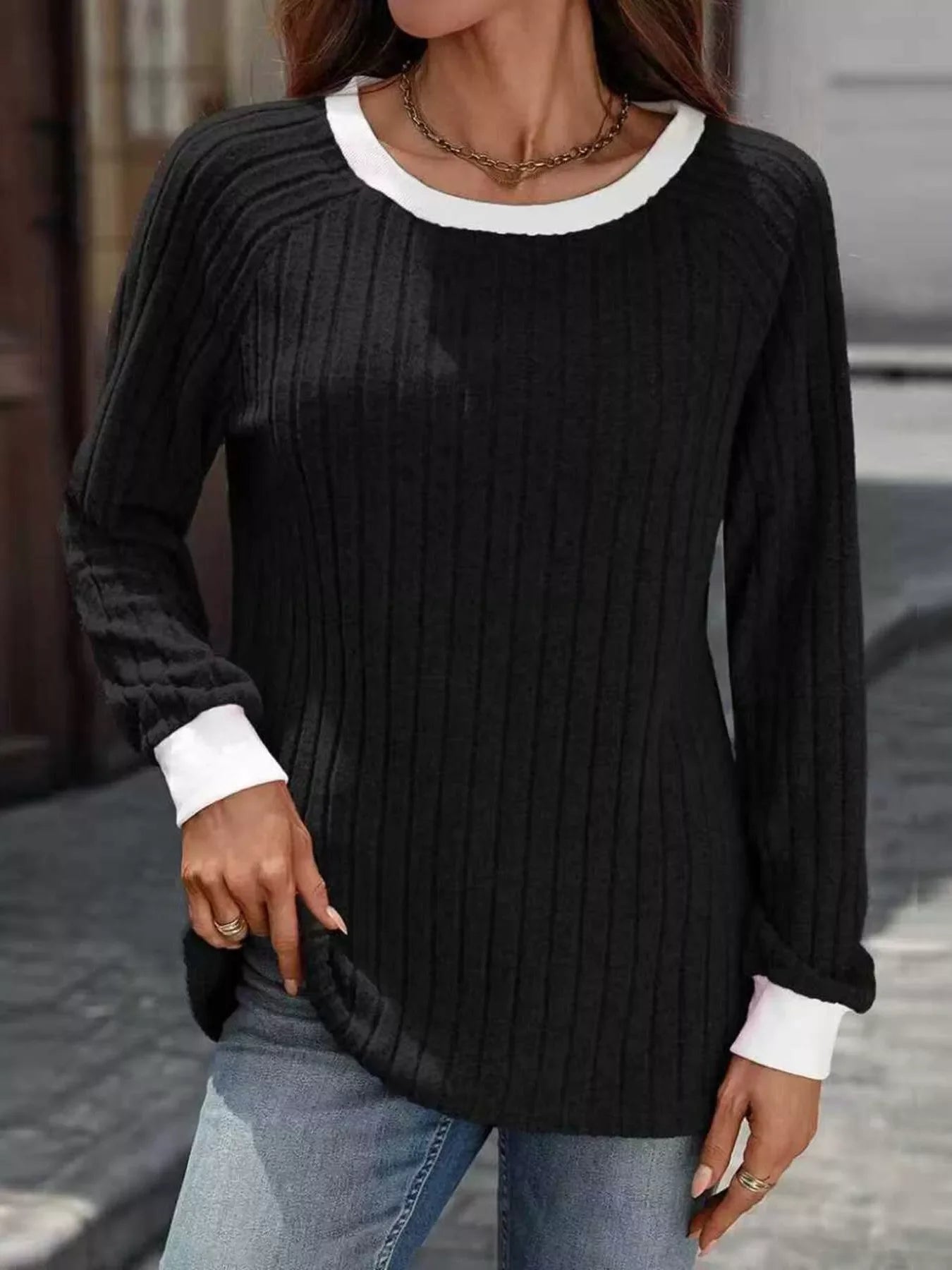 Ribbed Round Neck Raglan Sleeve Knit Top - SugarPepper