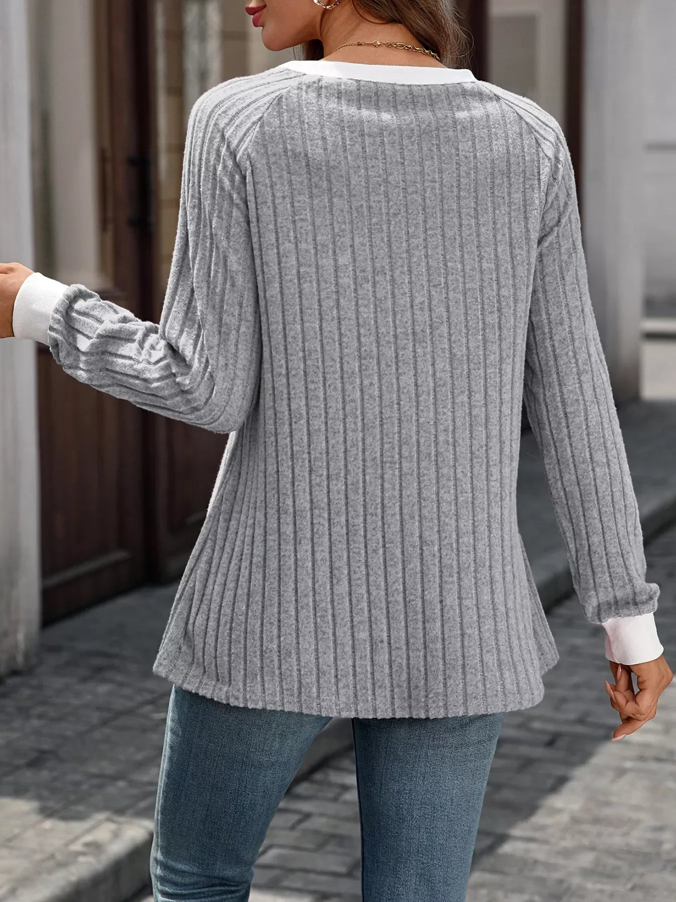 Ribbed Round Neck Raglan Sleeve Knit Top - SugarPepper