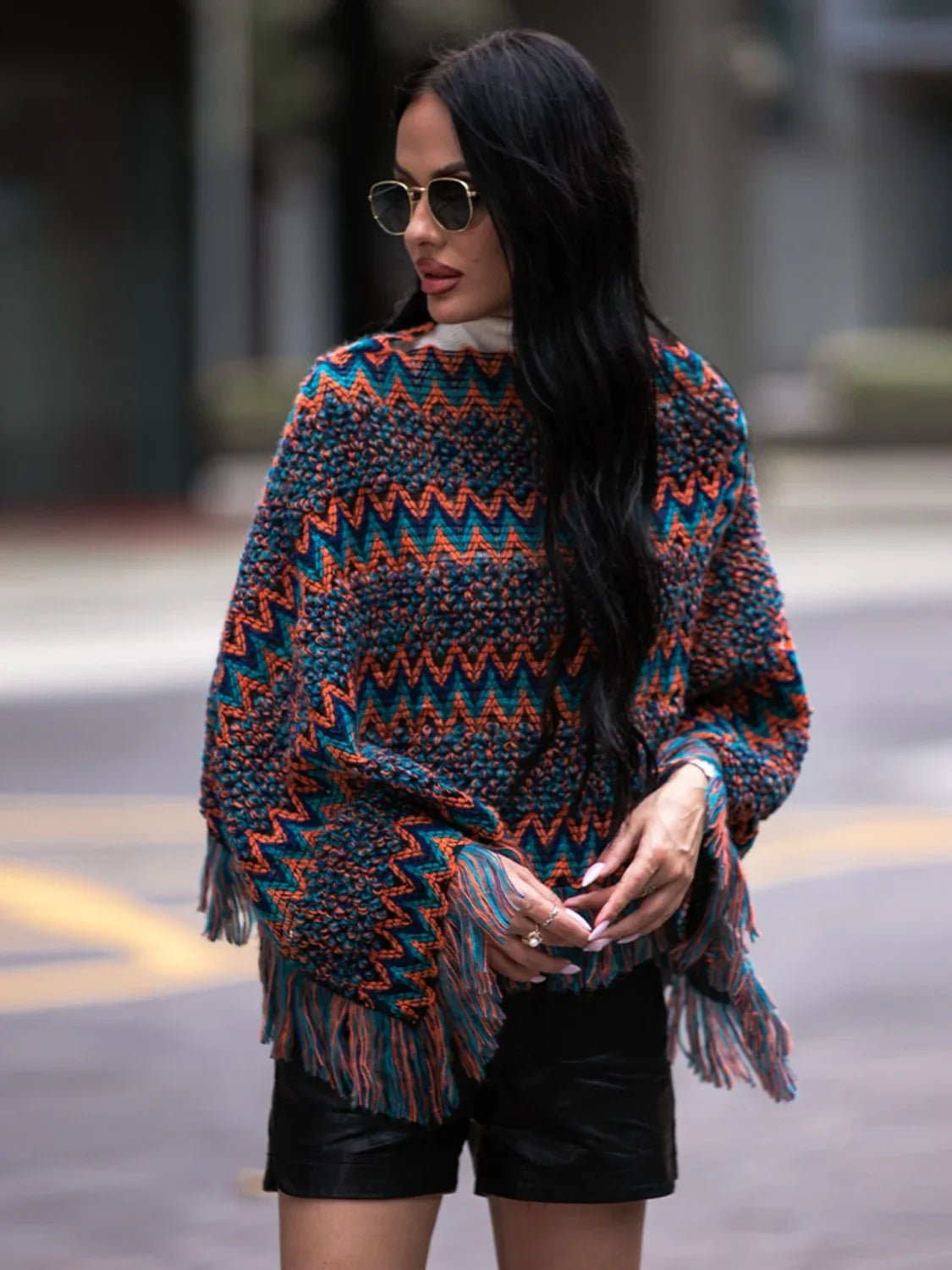Shiny Fringe Hem Boat Neck Poncho - SugarPepper
