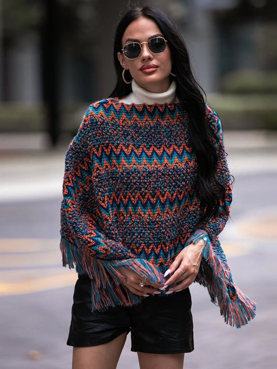 Shiny Fringe Hem Boat Neck Poncho - SugarPepper