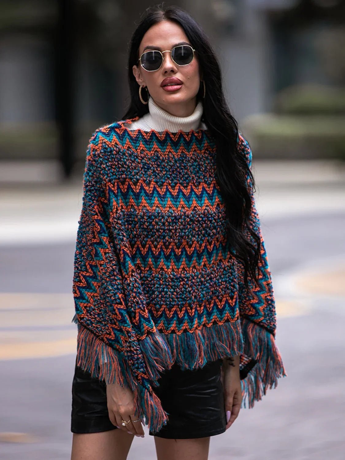 Shiny Fringe Hem Boat Neck Poncho - SugarPepper