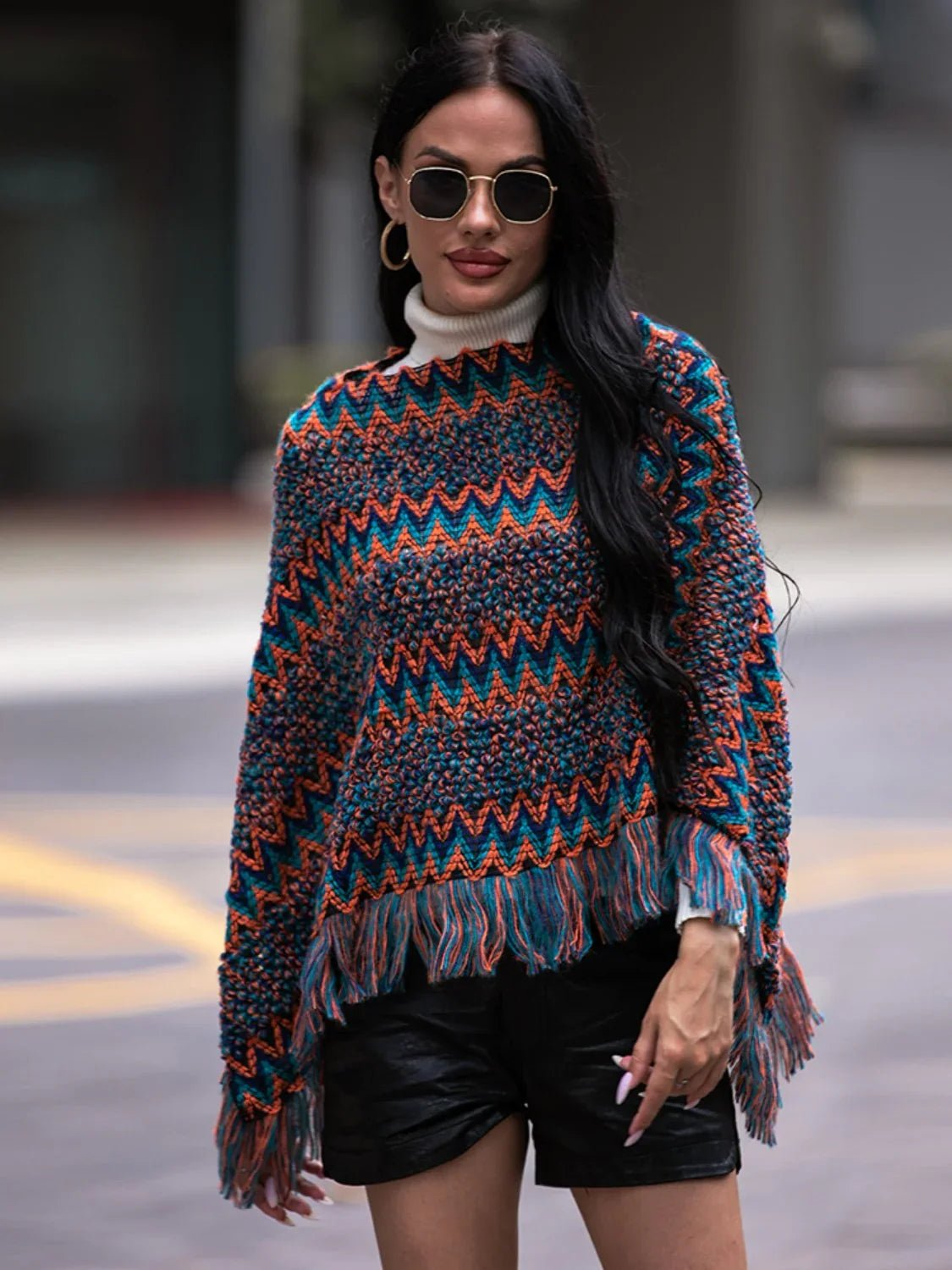 Shiny Fringe Hem Boat Neck Poncho - SugarPepper