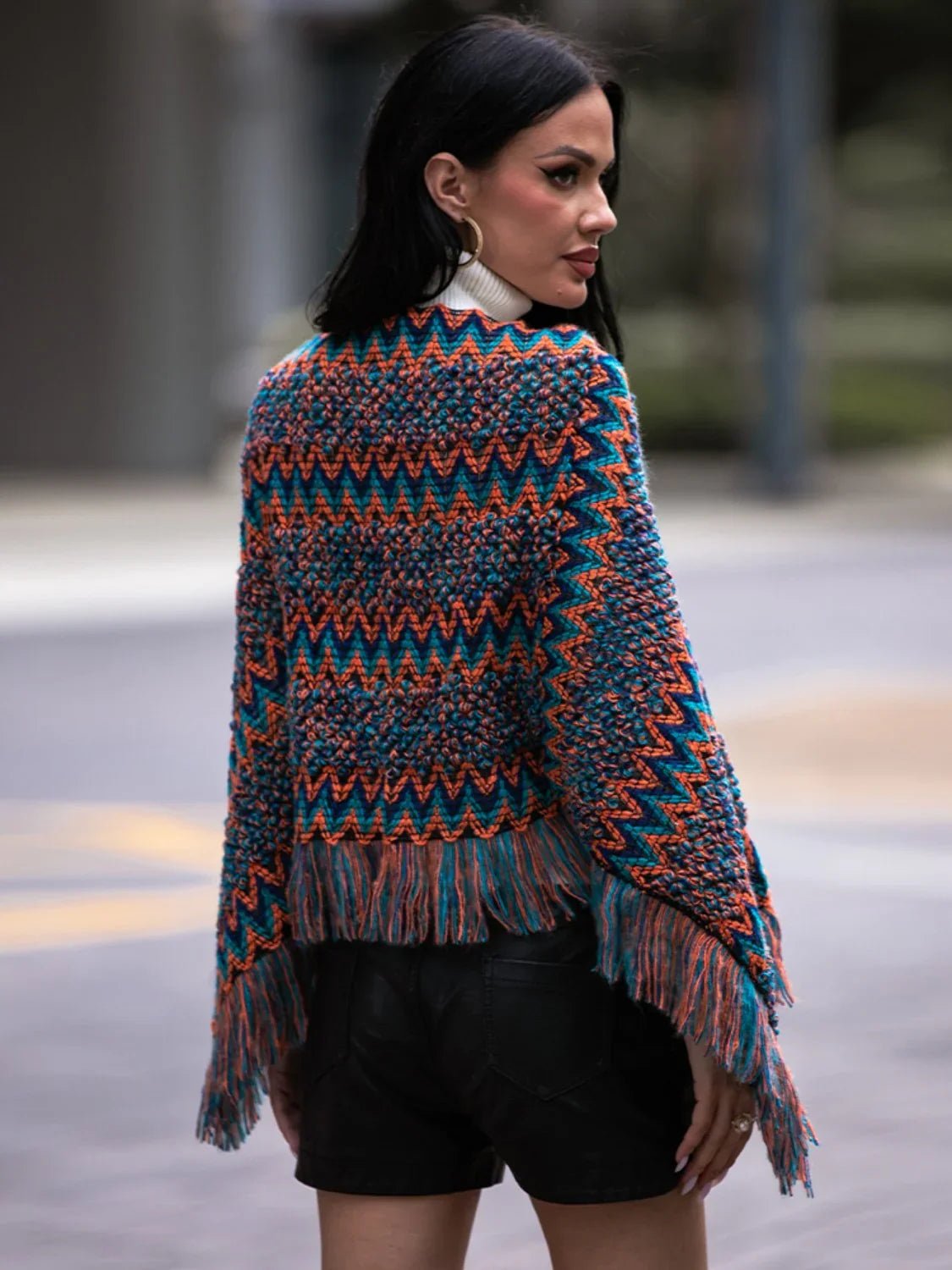Shiny Fringe Hem Boat Neck Poncho - SugarPepper