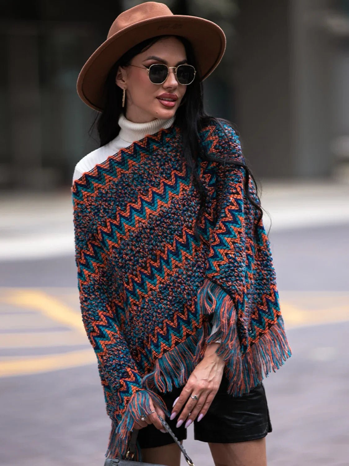 Shiny Fringe Hem Boat Neck Poncho - SugarPepper