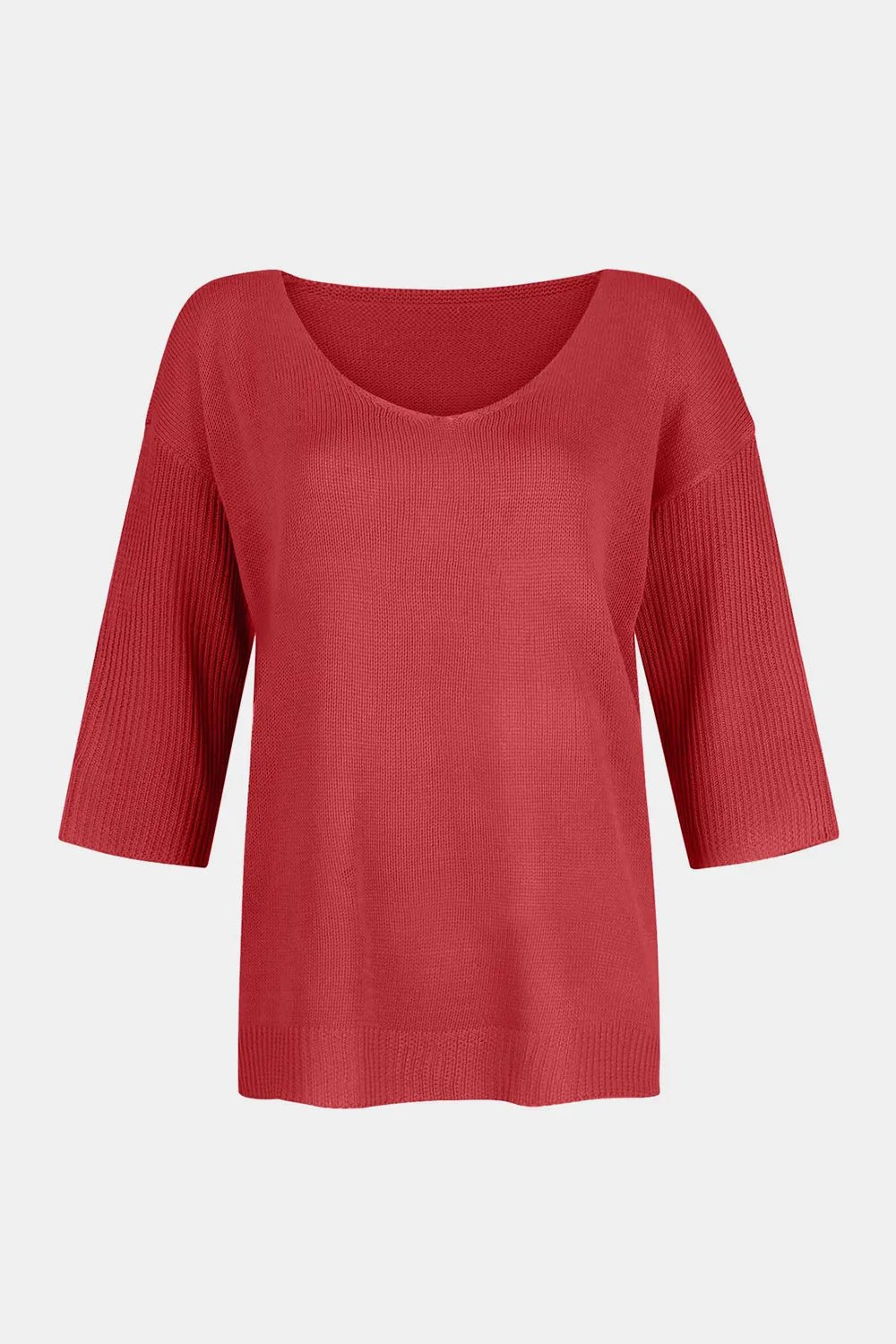 V - Neck Three - Quarter Sleeve Knit Top - SugarPepper