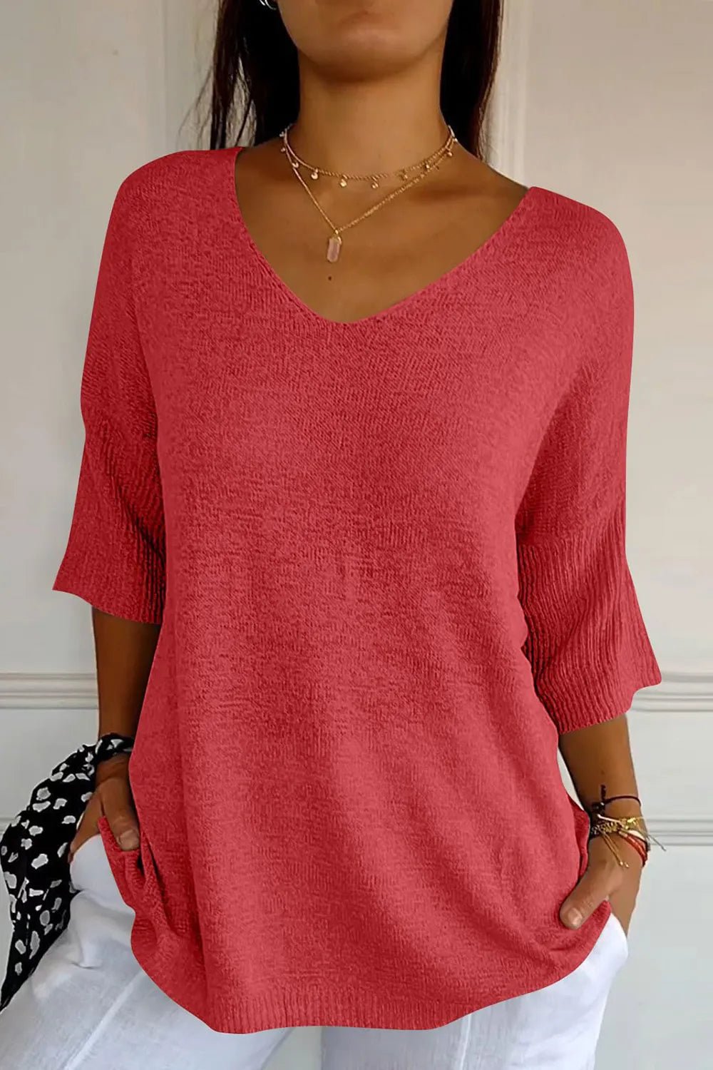 V - Neck Three - Quarter Sleeve Knit Top - SugarPepper