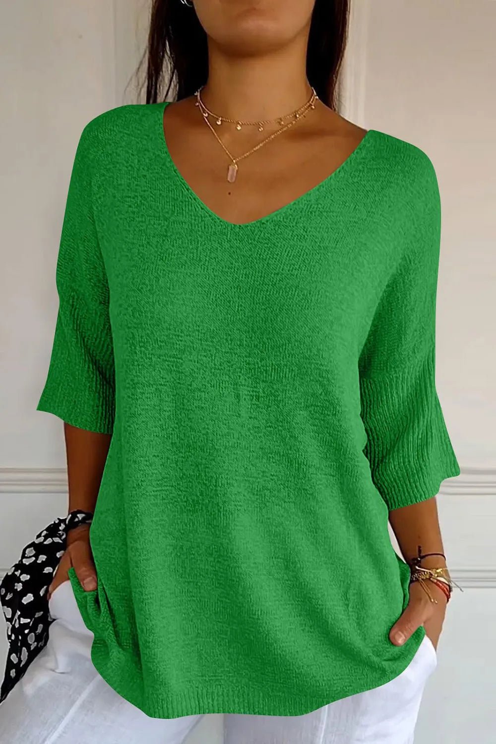 V - Neck Three - Quarter Sleeve Knit Top - SugarPepper