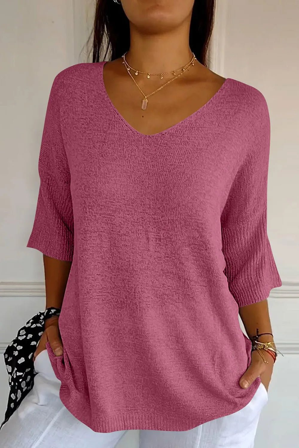 V - Neck Three - Quarter Sleeve Knit Top - SugarPepper