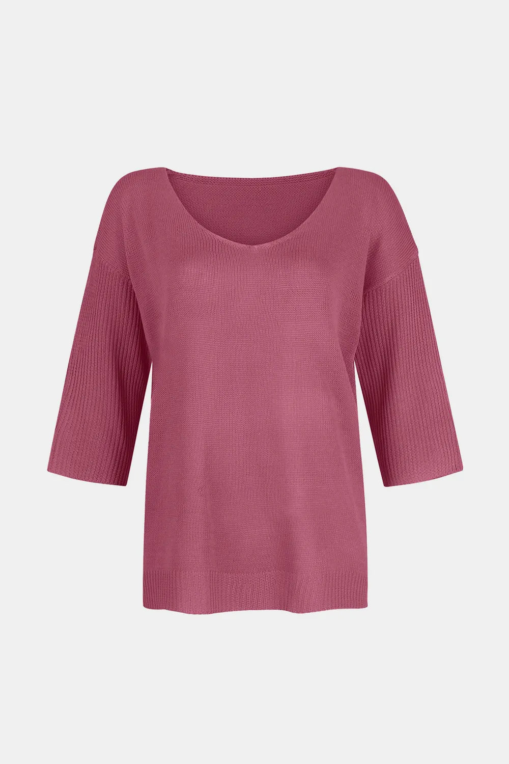 V - Neck Three - Quarter Sleeve Knit Top - SugarPepper