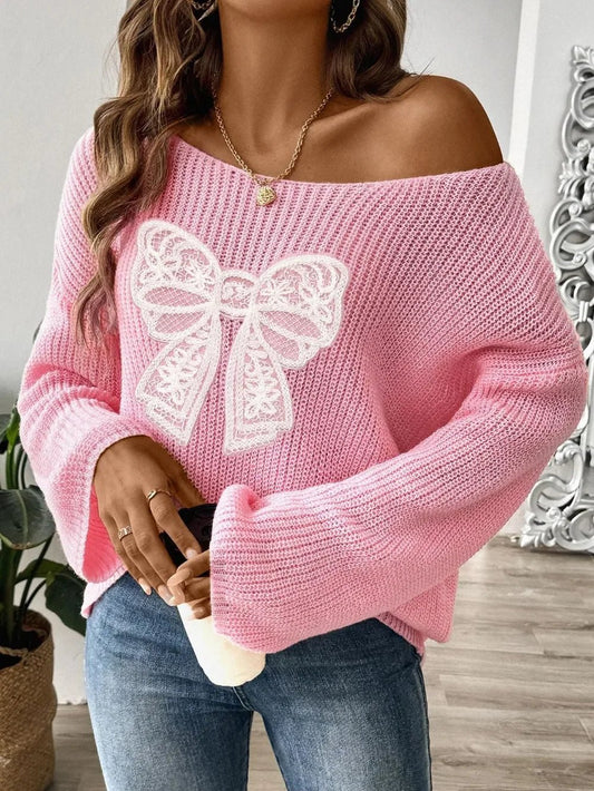 Bow Boat Neck Long Sleeve Sweater - SugarPepper