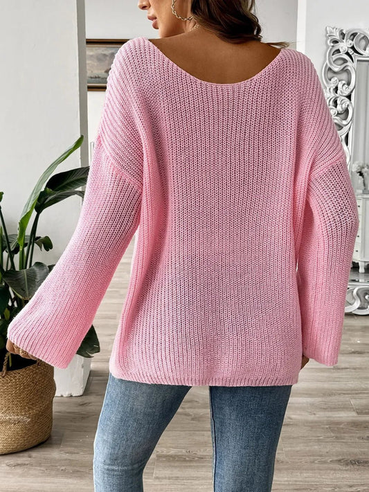 Bow Boat Neck Long Sleeve Sweater - SugarPepper