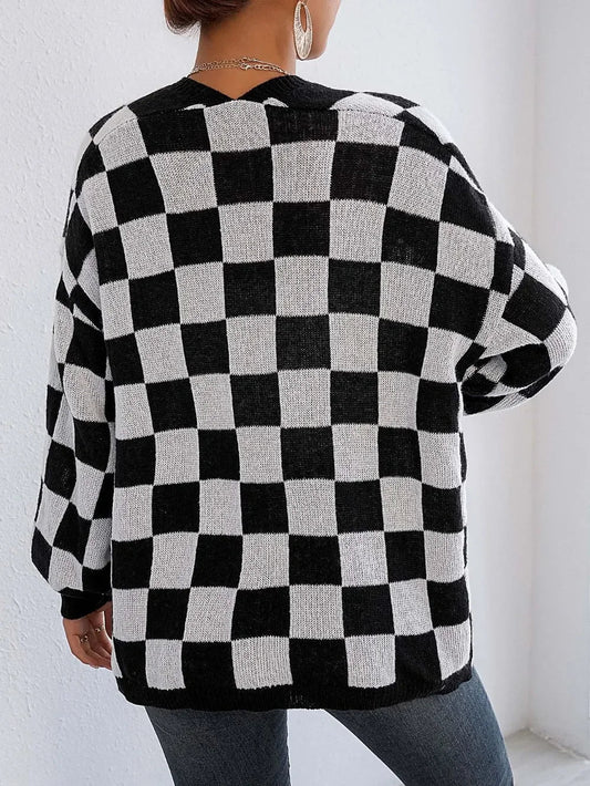 Checkered Open Front Long Sleeve Cardigan - SugarPepper