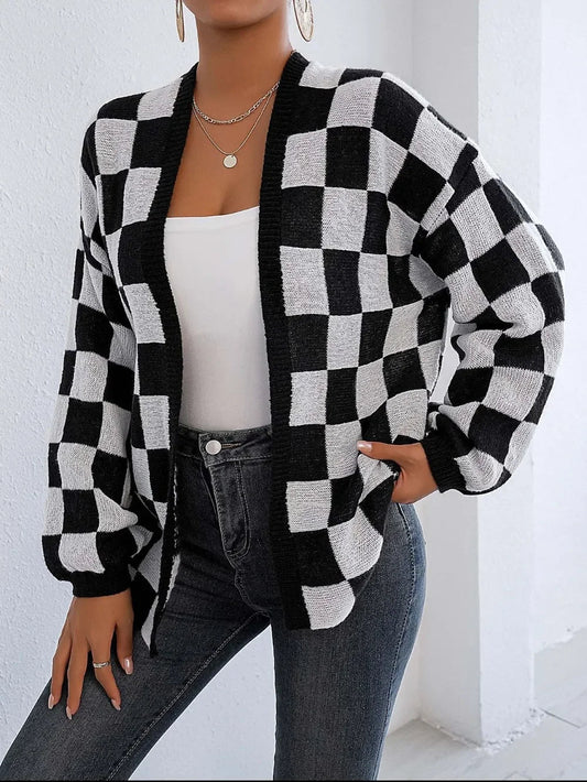 Checkered Open Front Long Sleeve Cardigan - SugarPepper