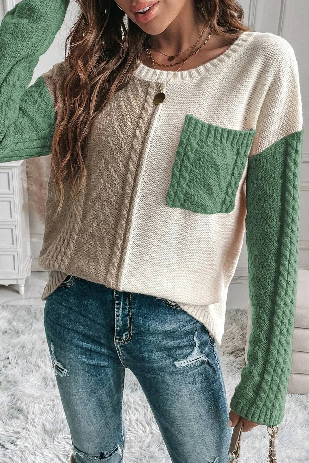 Double Take Full Size Color Block Drop Shoulder Sweater - SugarPepper