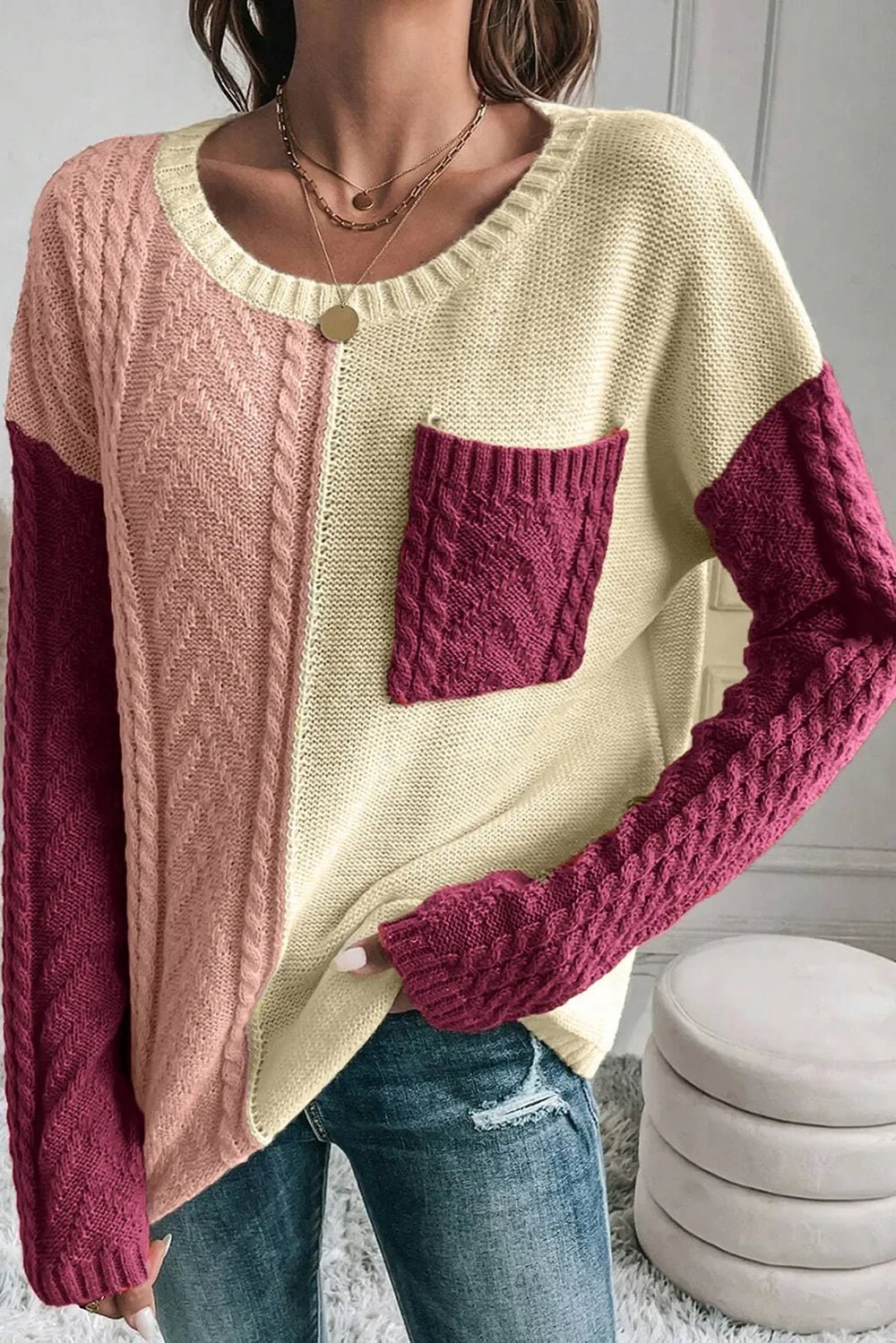 Double Take Full Size Color Block Drop Shoulder Sweater - SugarPepper