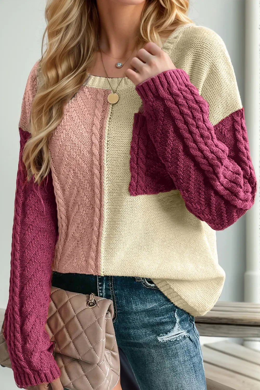 Double Take Full Size Color Block Drop Shoulder Sweater - SugarPepper