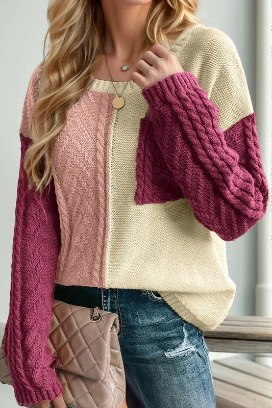 Double Take Full Size Color Block Drop Shoulder Sweater - SugarPepper