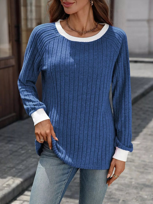 Ribbed Round Neck Raglan Sleeve Knit Top - SugarPepper